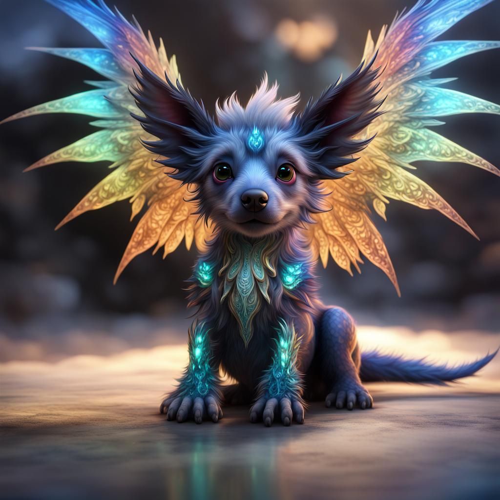 Adorable Winged Puppy Dragon with Fractal Fur
