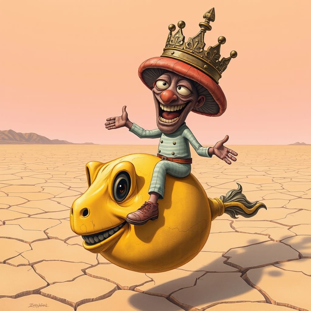 Surreal Mushroom King Rides a Cracked Desert Moon