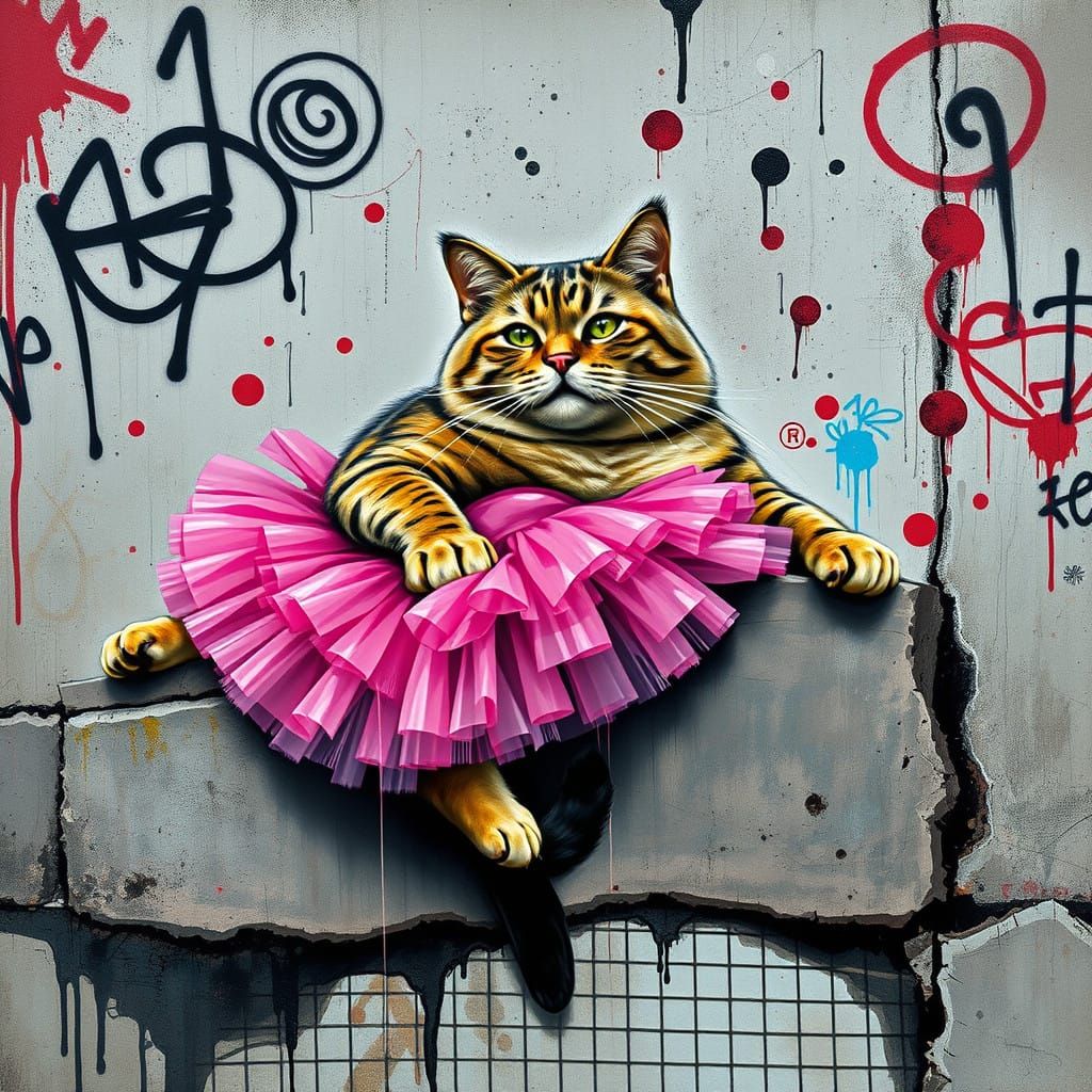 Feline Dancer in a Vibrant Urban Scene