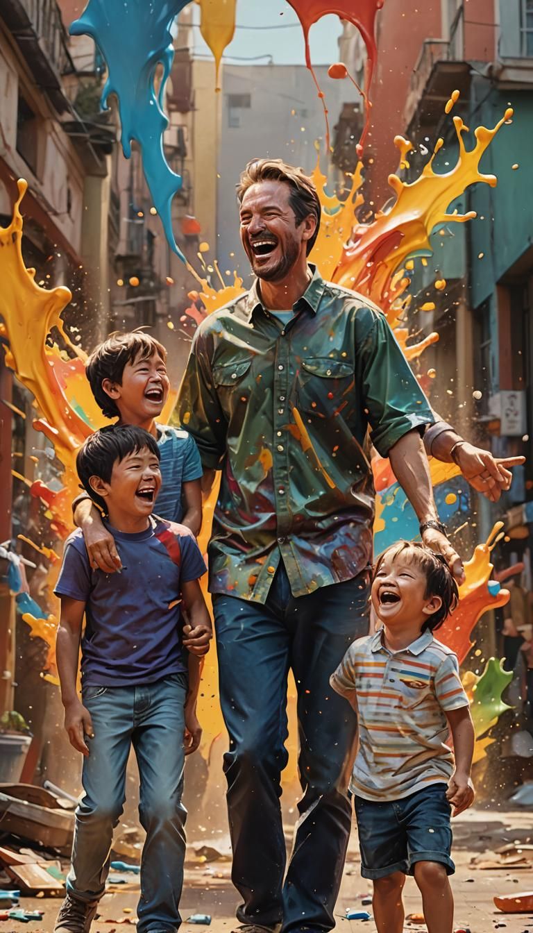 Hyperrealistic Family Laughing in Colorful Splash Art