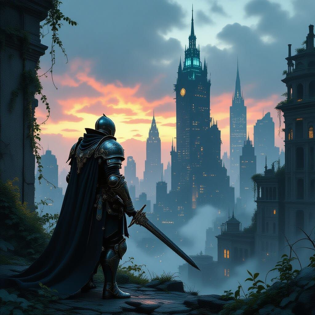 Steampunk Knight in Overgrown Cityscape at Twilight