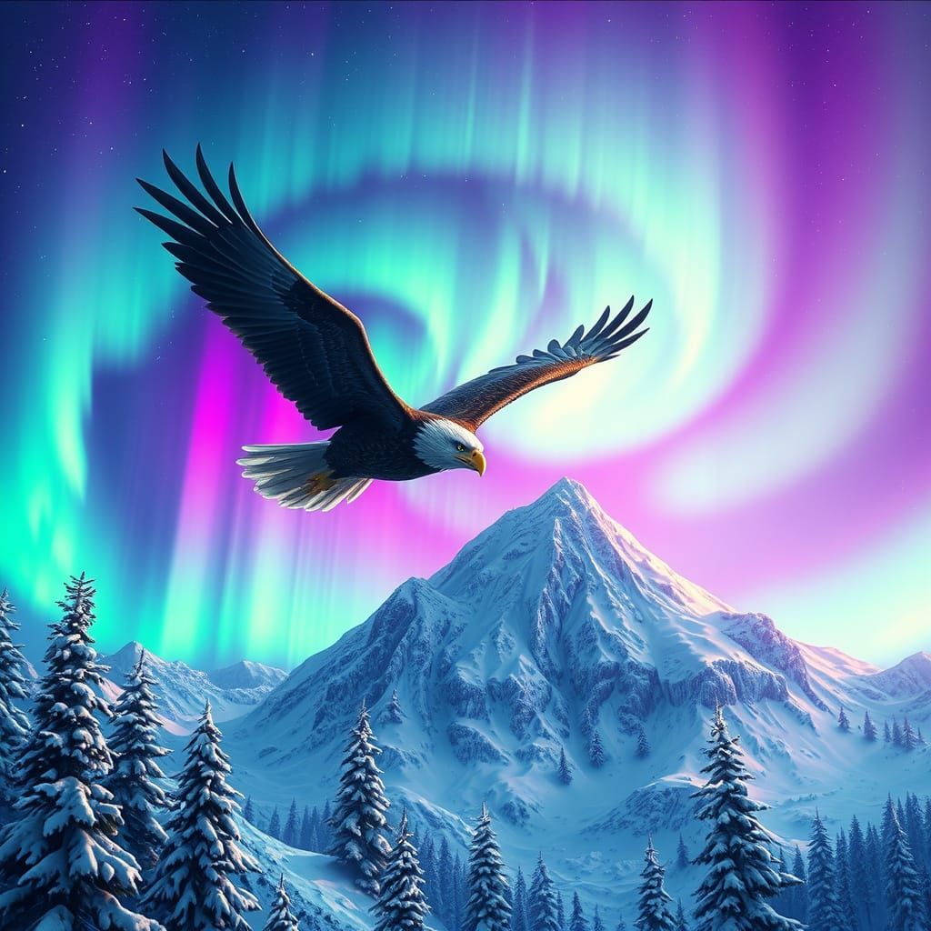 Eagle Soars Through Northern Lights Over Snowy Mountain Peak