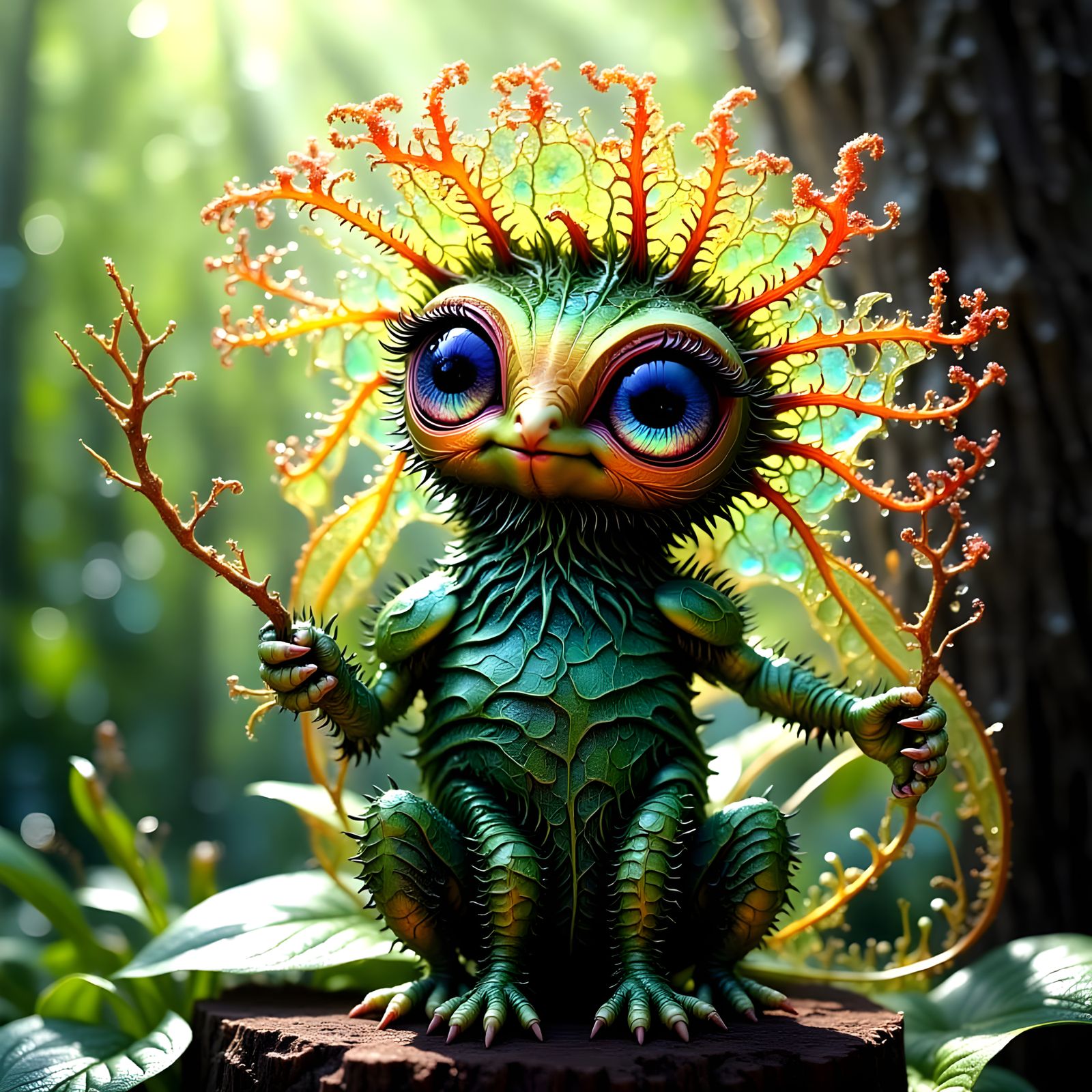 Whimsical Forest Scene with Bird Creatures and Exotic Fruit