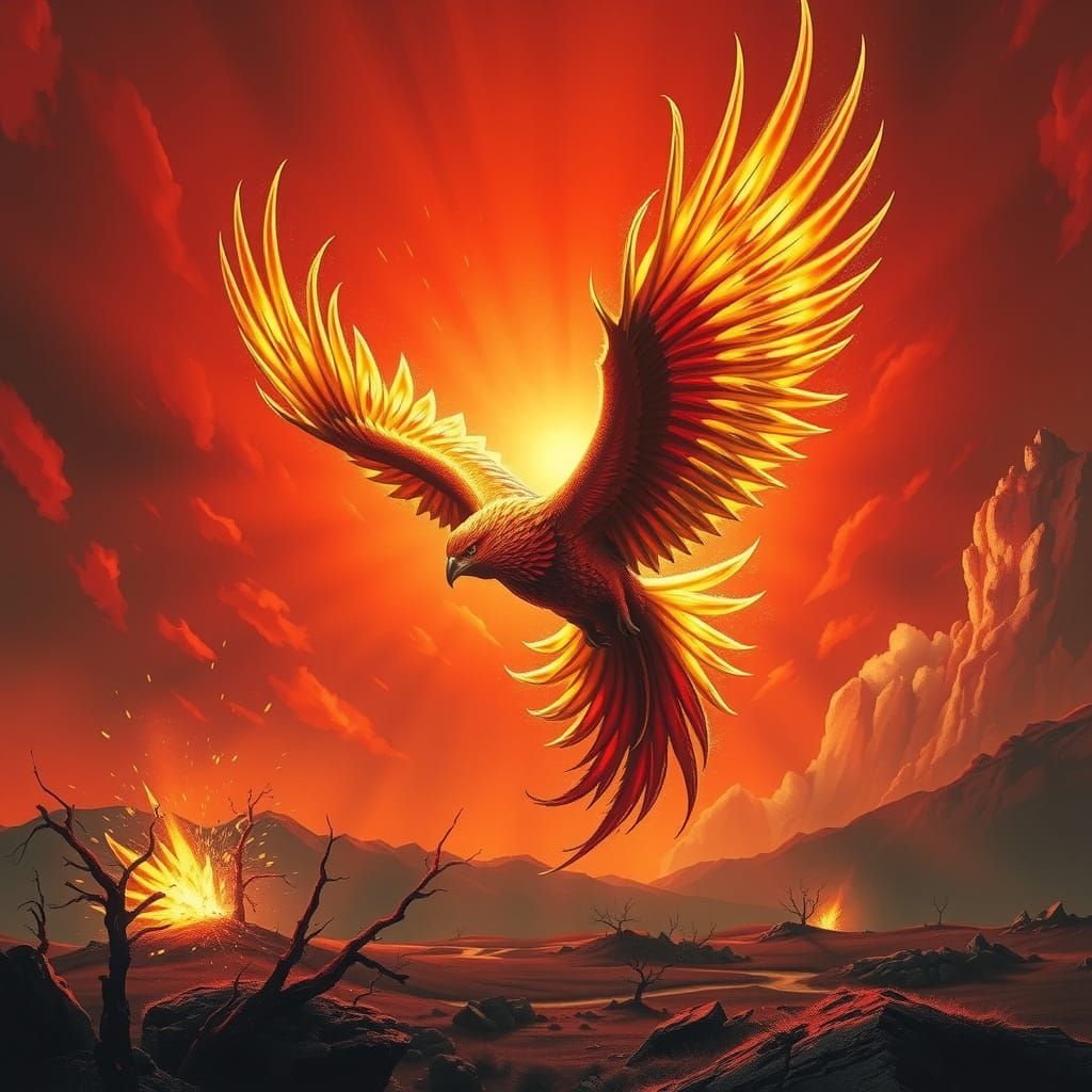 Fiery Phoenix Reborn in Crimson Sky