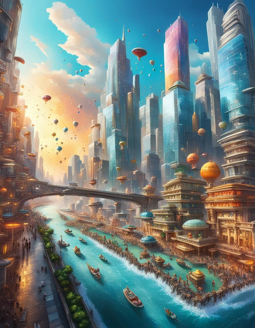 Hyperrealistic Utopian City of Happiness Concept Art