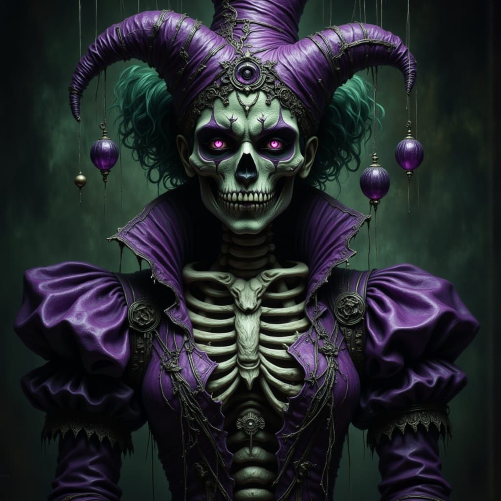 Dark Fantasy Jester Woman with Skeleton Face in Purple and G...