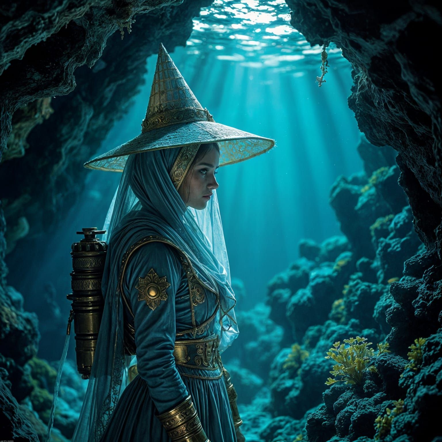 Underwater Grotto Discovery: Druid Portrait in Spectral Ligh...