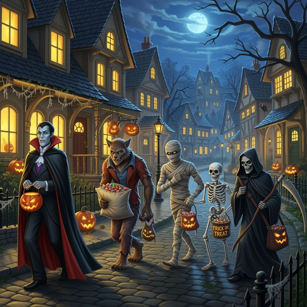 Classic Monsters Trick-or-Treating on Halloween Night