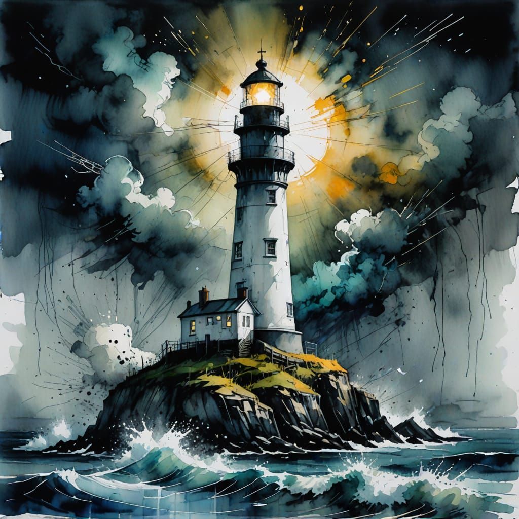 Stylized Watercolour Lighthouse in Turbulent Skies
