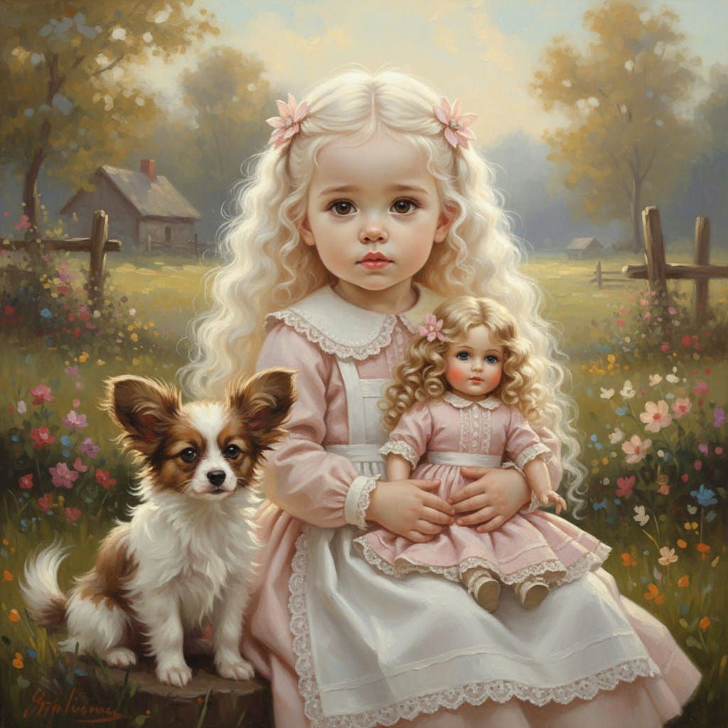 1840s Frontier Baby Girl with Papillon Dog, Realistic Oil Pa...
