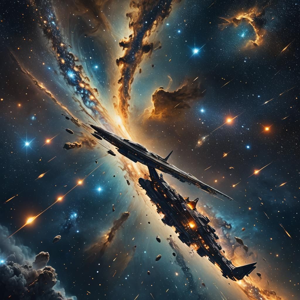 Spaceship Drifting Through Cosmic Void in Sci-Fi Art