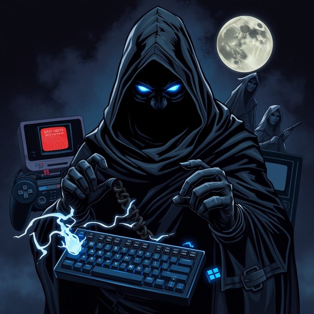 Dark Sorcerer Holding Magical Keyboard in Cyberpunk Comic Bo...