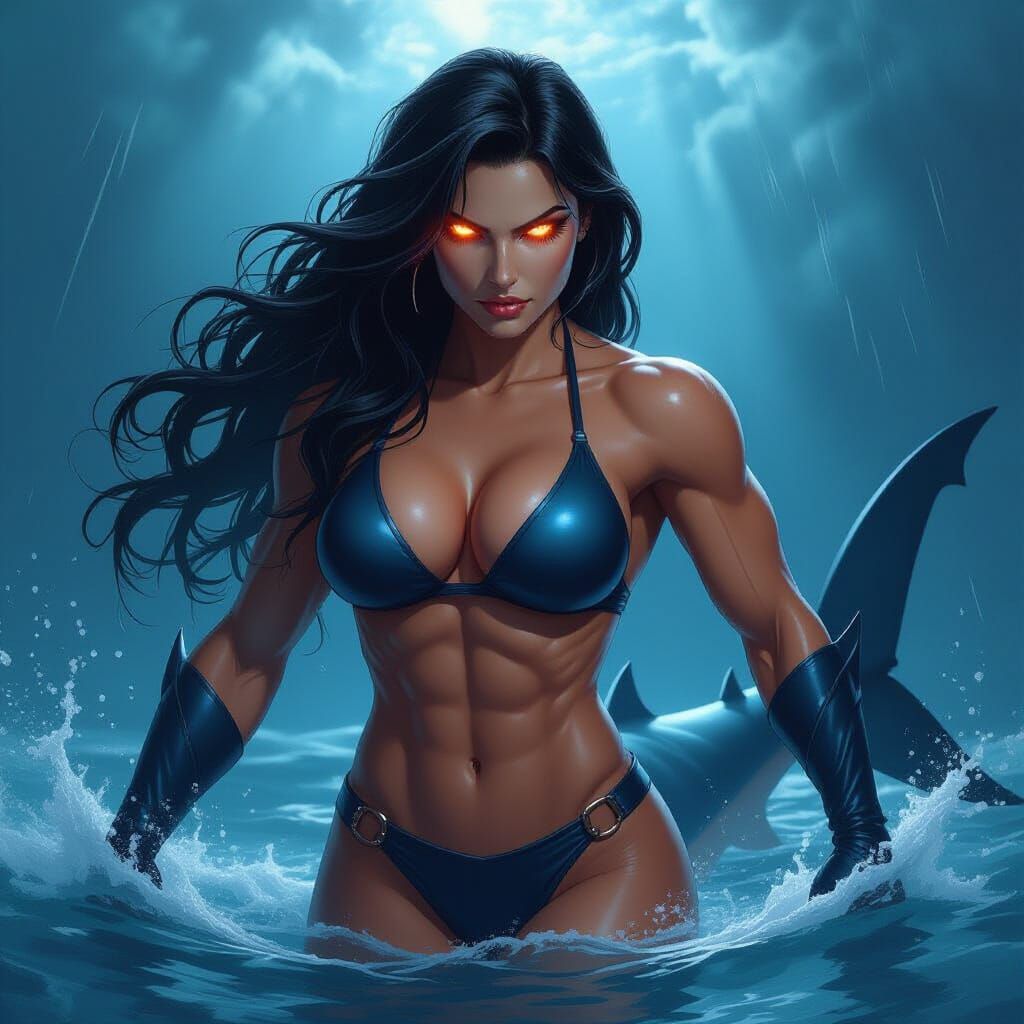 Shark Woman Superhero in Dark Fantasy Art Style