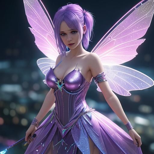 Sparkly Fairy with Rainbow Wings in Sci-Fi Style