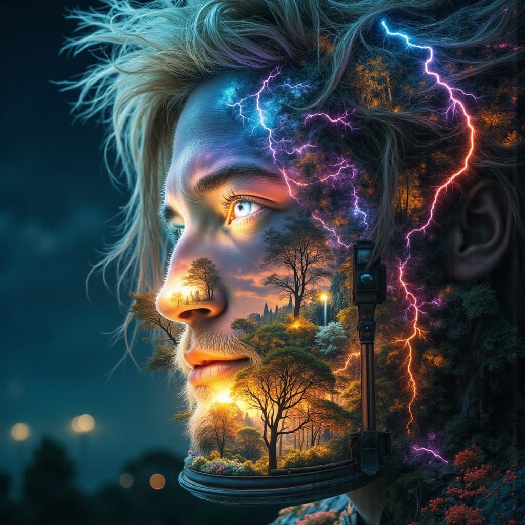 Surreal Lantern Garden at Sunset with Rainbow Lightning