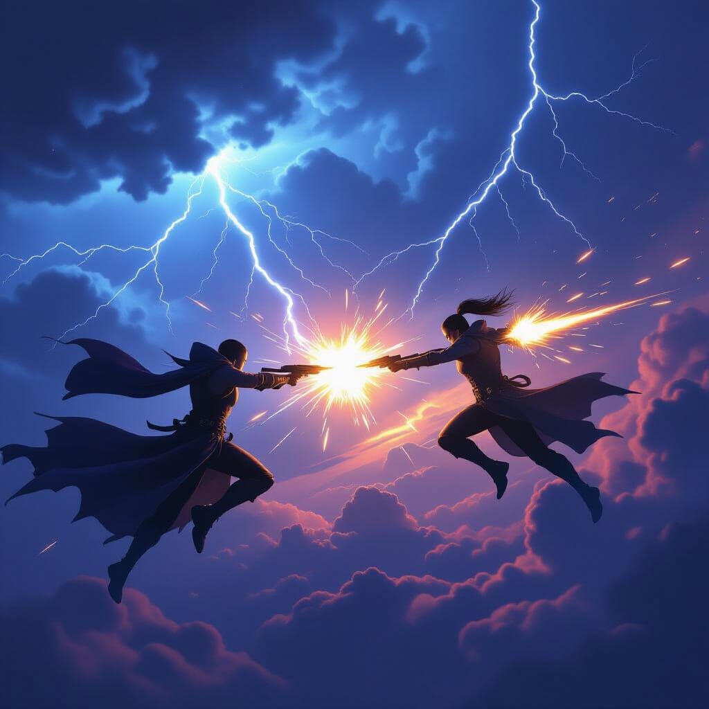 Epic Mid-Air Duel Amidst Lightning Storm