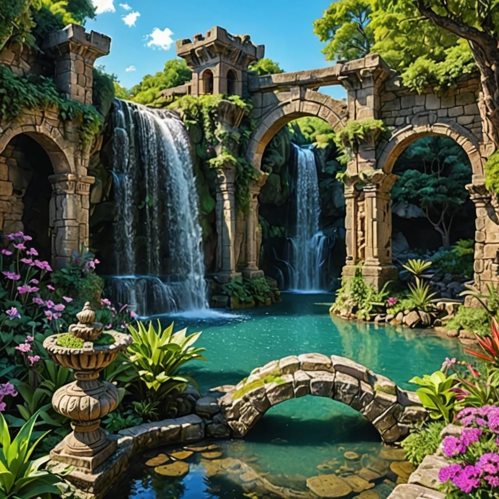 Exotic Underground Garden with Waterfalls and Lanterns
