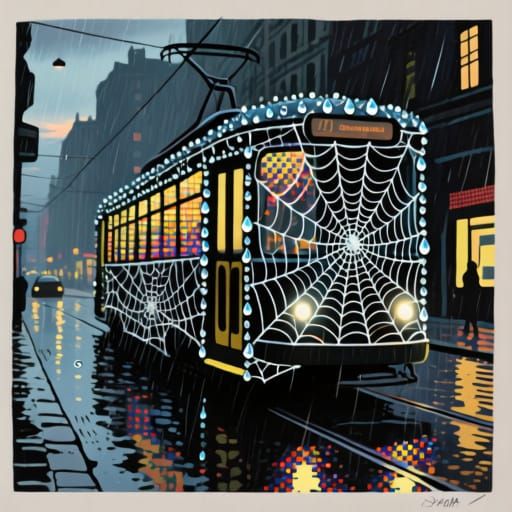 Spiderweb Tram in Expressive Urban Twilight