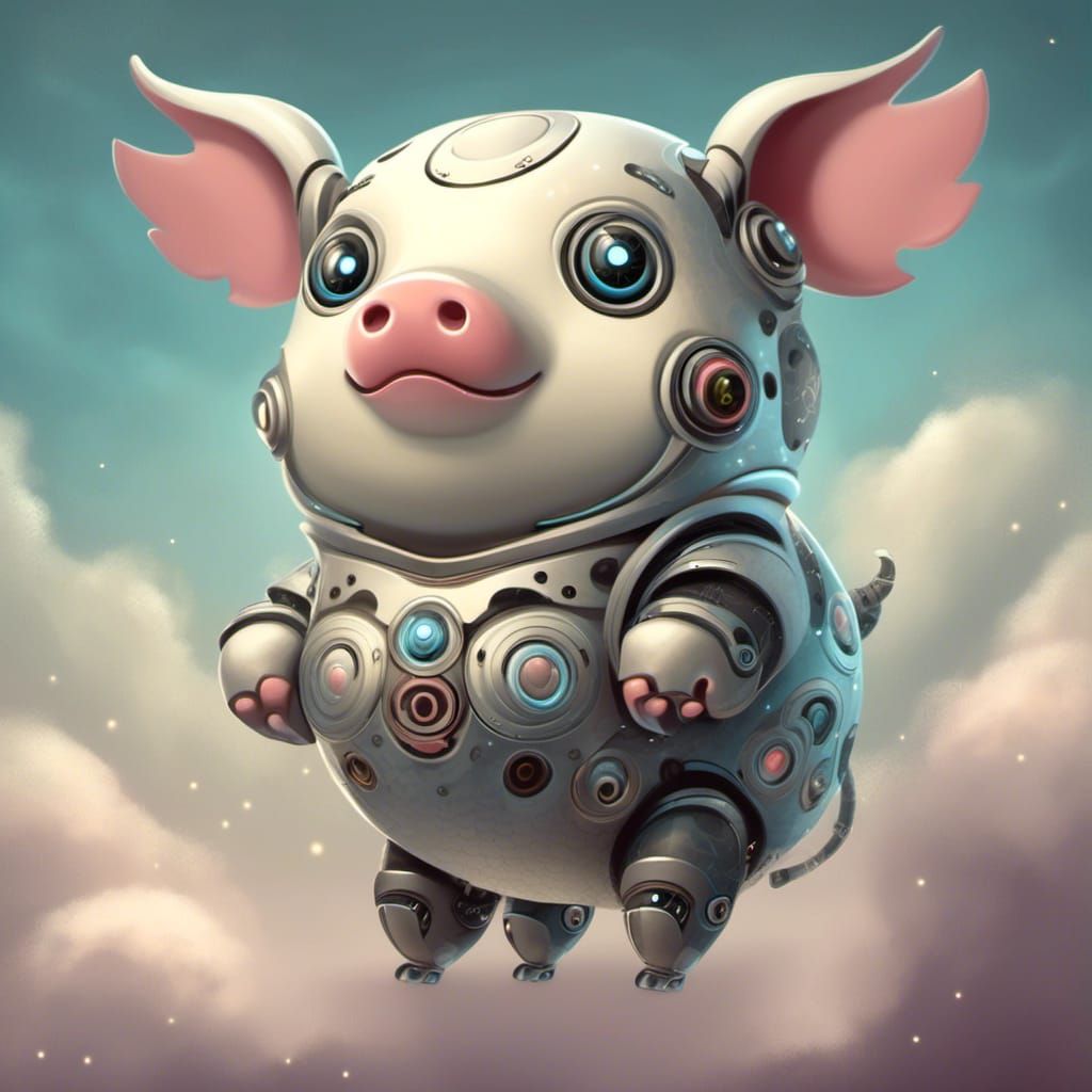 Adorable Robot Flying Pig in the Clouds