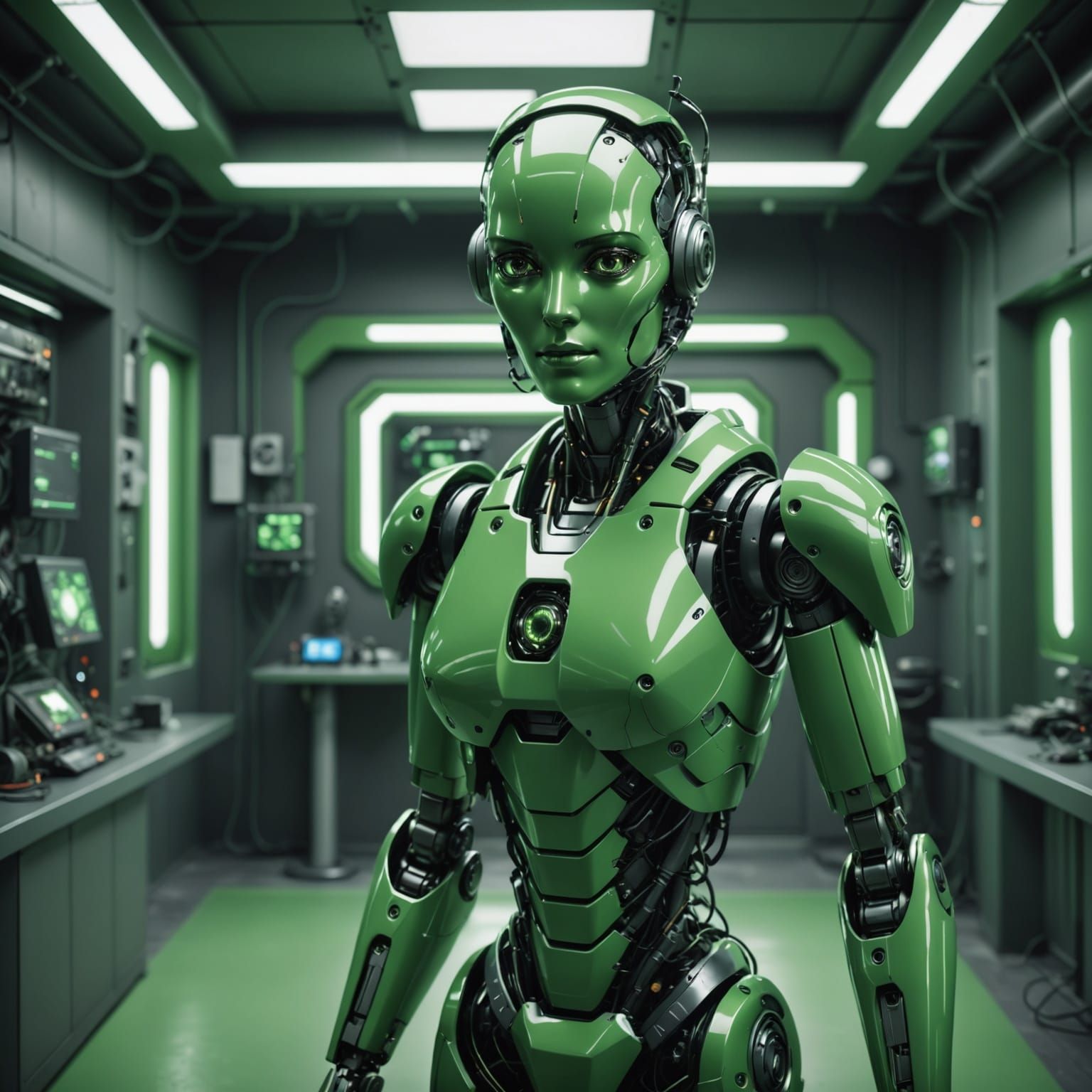 Green Female Robot in Monochromatic Green Environment