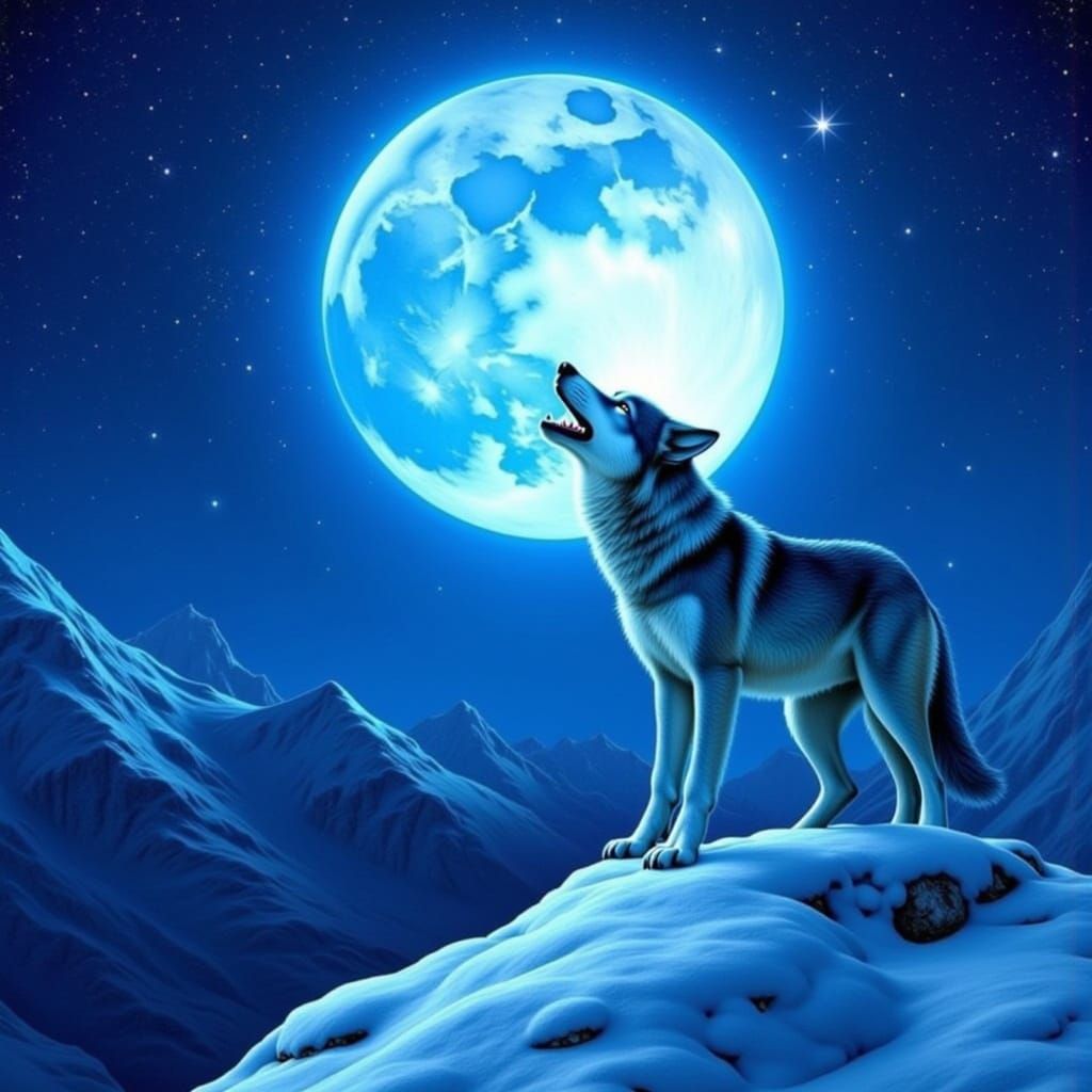 Lone Wolf Howling at Cosmic Moon on Snowy Peak