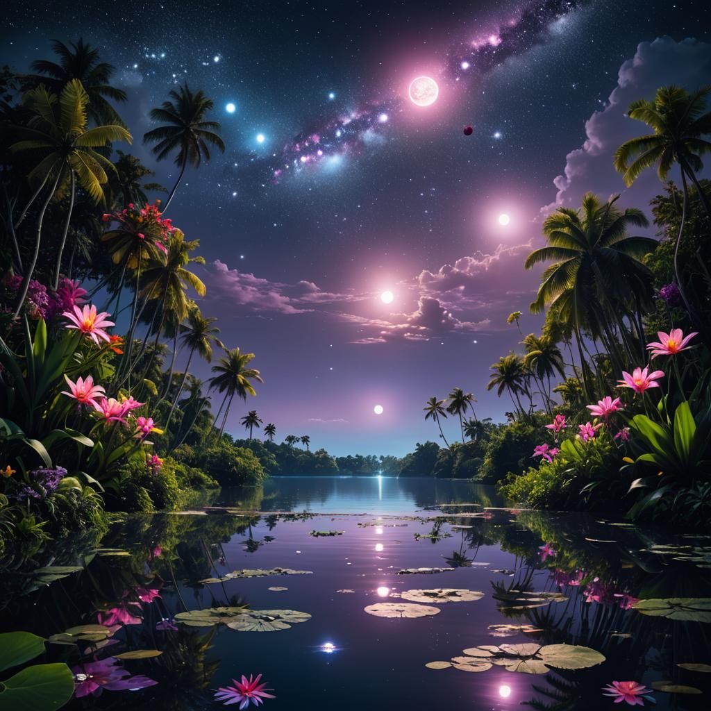 Dreamlike Tropical Shore Under Starlight, Surrealism Style