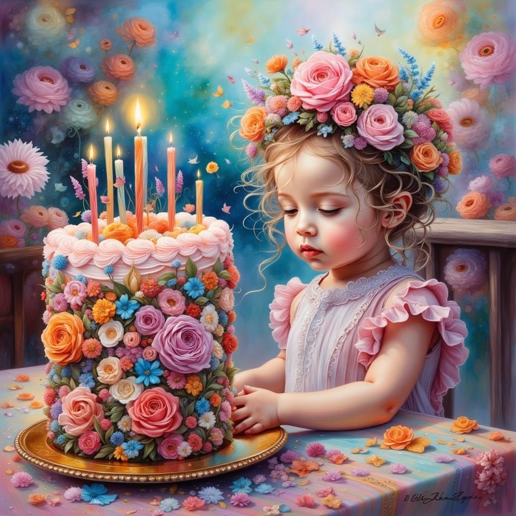 Beautiful Impasto Art of a Little Girl and Vibrant Cake