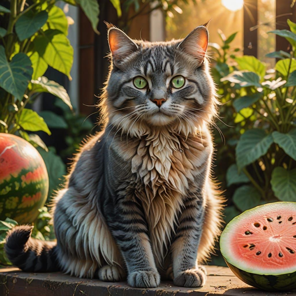 Majestic Silver Cat with Emerald Eyes Sits on Watermelon