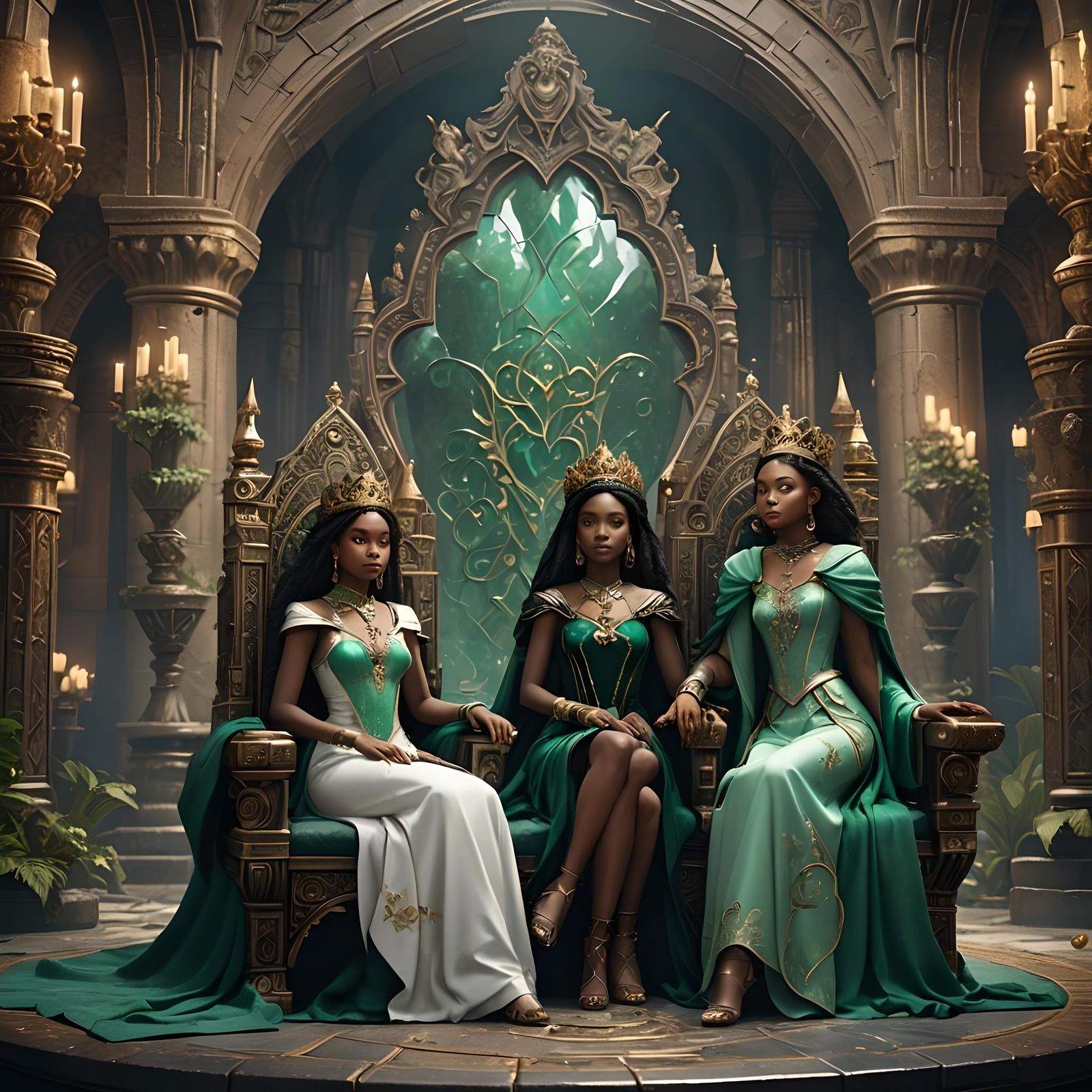 Ebony Twin Princesses in Castle Throne Room