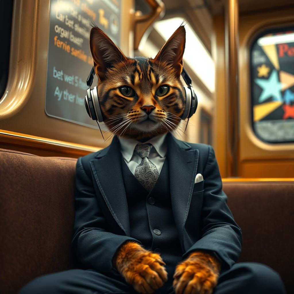 Dapper Feline in Enchanting Subway Scene