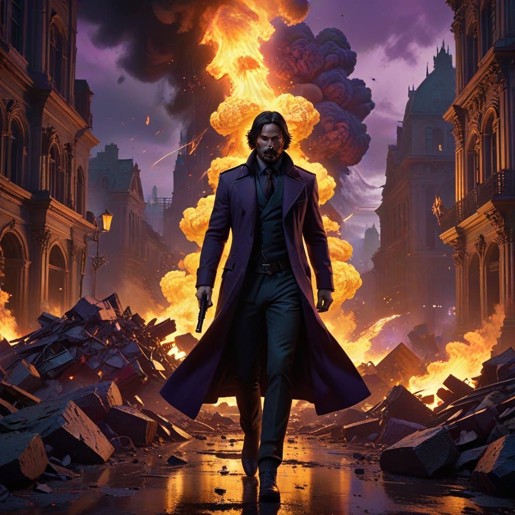 Gritty Cityscape at Dusk, John Wick Emerging from Inferno