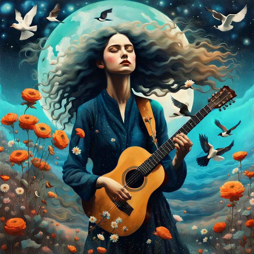 Woman Holding Galaxy in Dreamlike Digital Art Collage