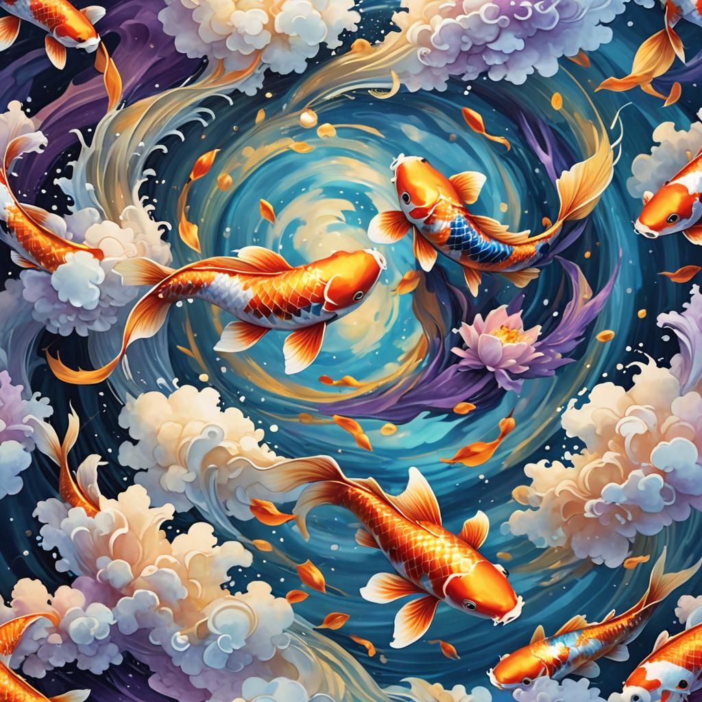 Yinyang Koi Fish in Mystical Vortex: Fantasy Art