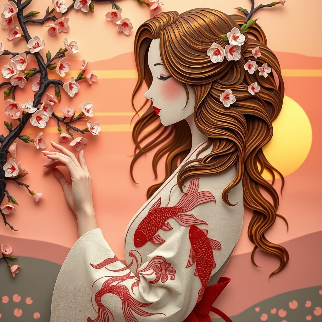 Ethereal Japanese Lady Amidst Cherry Blossoms