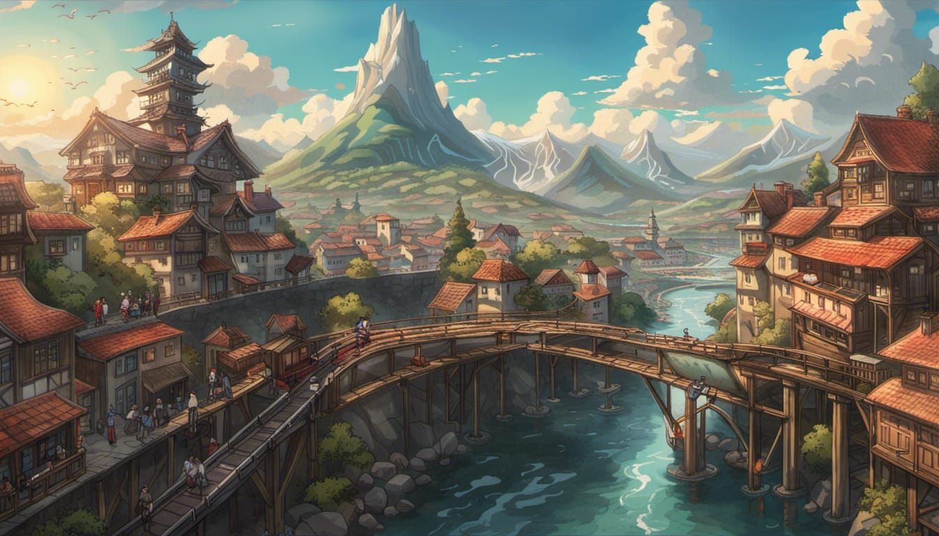 Anime Train on Floating Tracks Over City