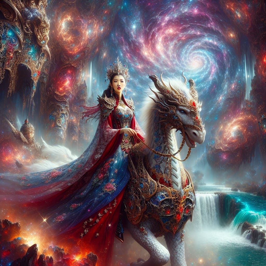 Warrior Princess Rides Dragon in Enchanting Scene
