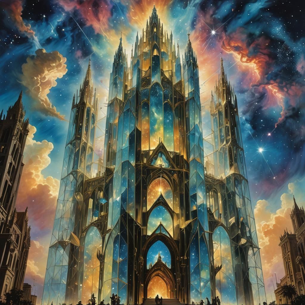 Glowing Crystal Cathedral Amidst Cosmic Nebula