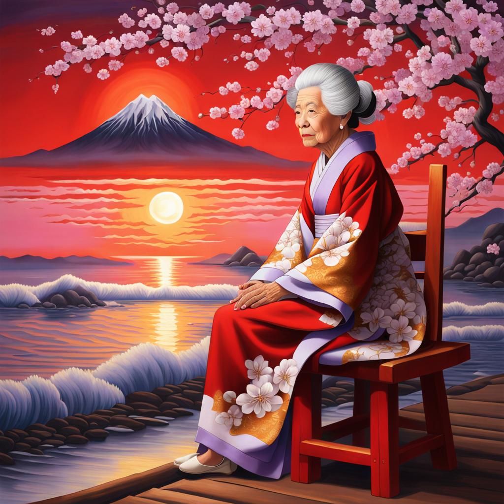 Japanese Woman in Kimono at Sunset: Dark Fantasy Art