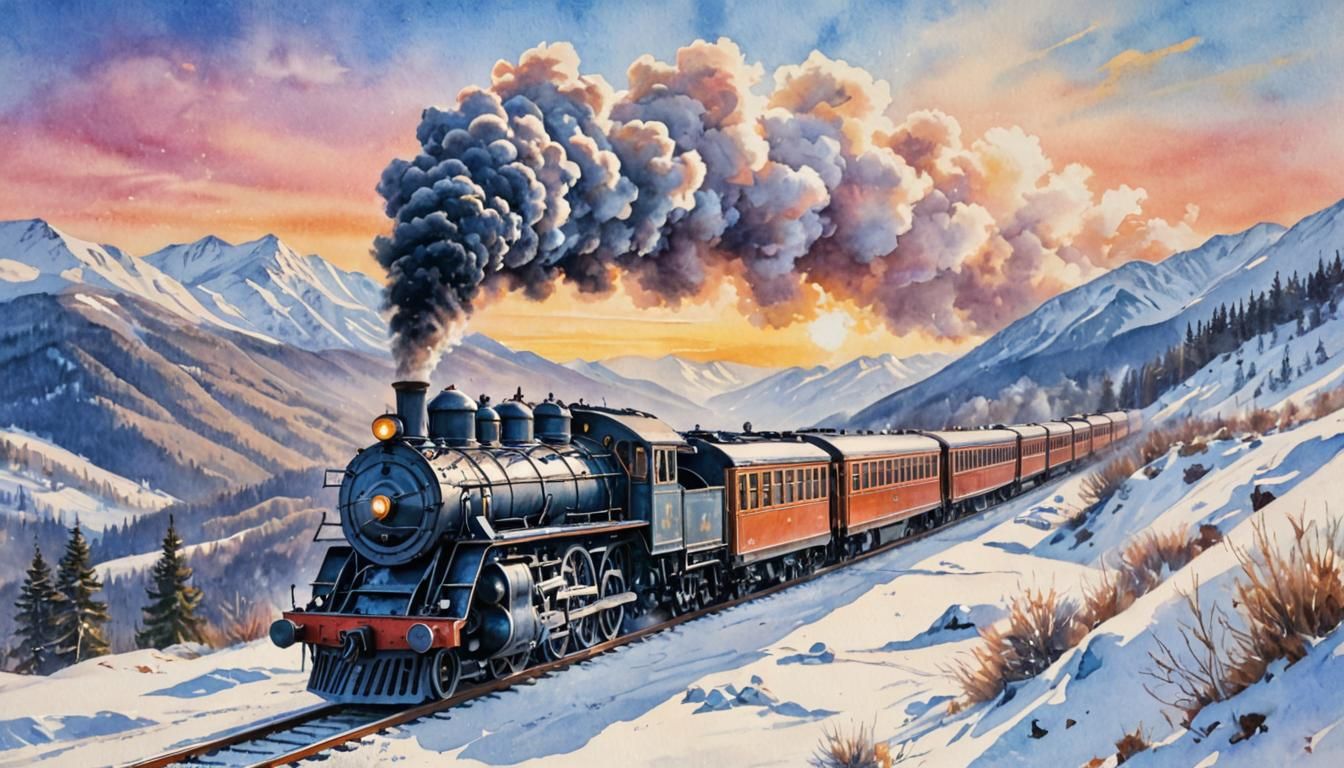 Steam Train in Snow-Covered Mountains: Watercolor Painting