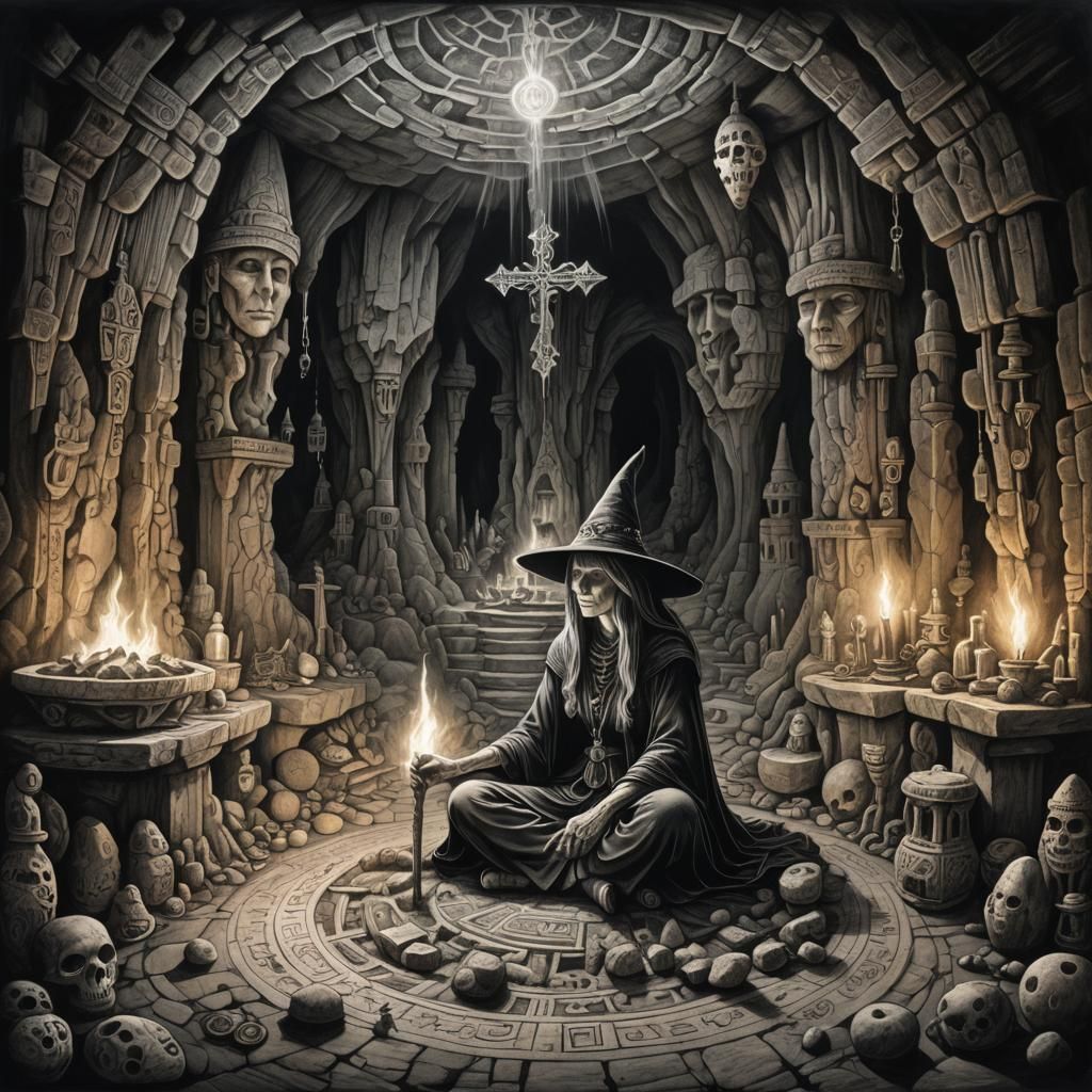 Eerie Witch in Cave: Hyperdetailed Charcoal Drawing