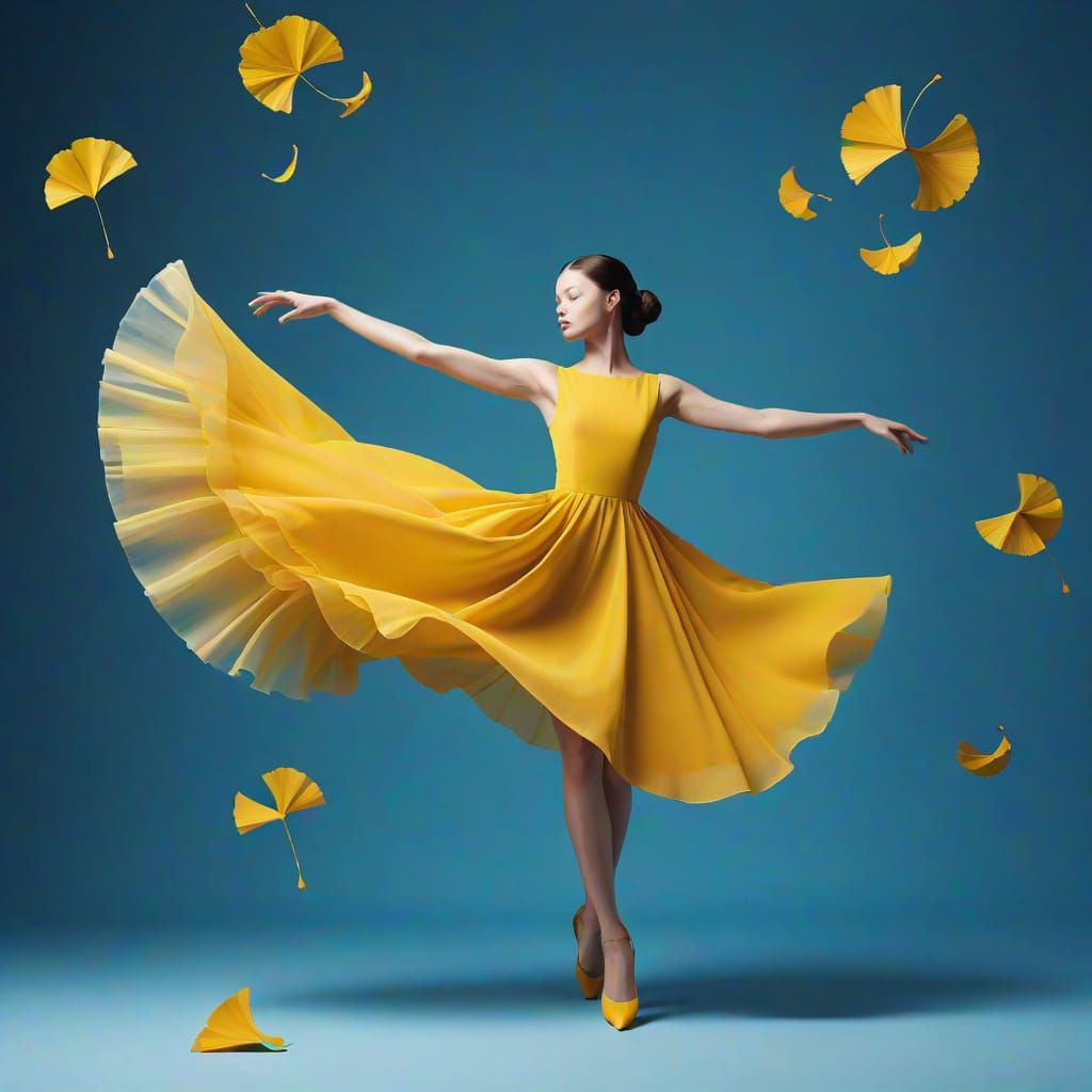 Minimalist Yellow Line Art Dancer in Surreal Setting