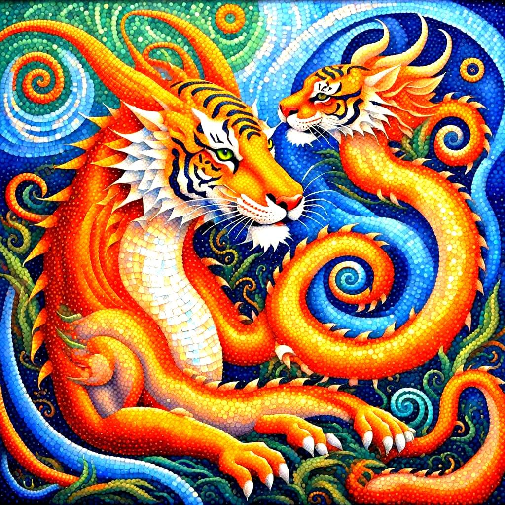 Pointillist Dragon and Tiger in Lush Color