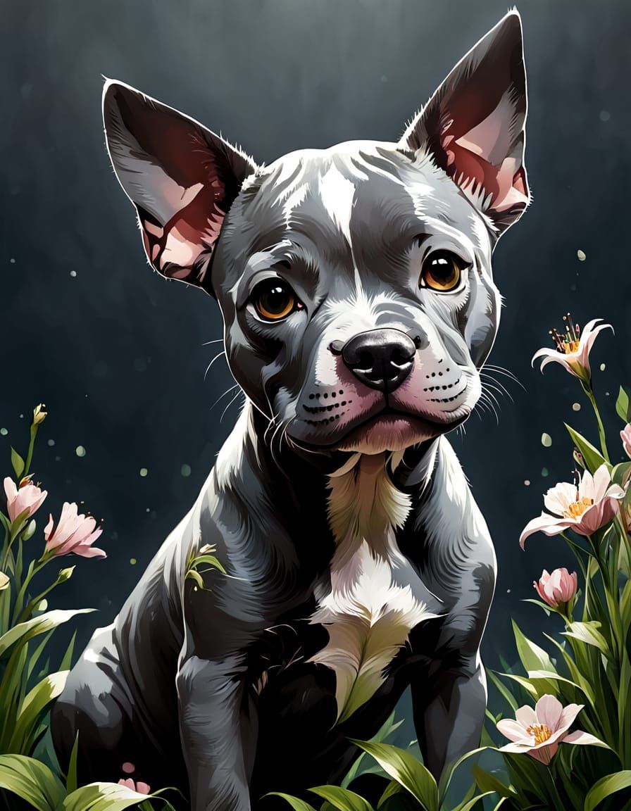 Adorable Pitbull Puppy in Floral Spring, Digital Painting