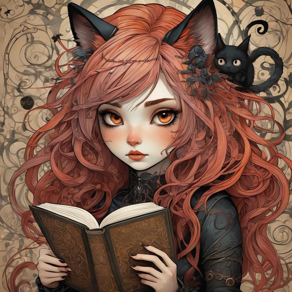 Gothic Cat-Girl Portrait in Fairytale Illustration