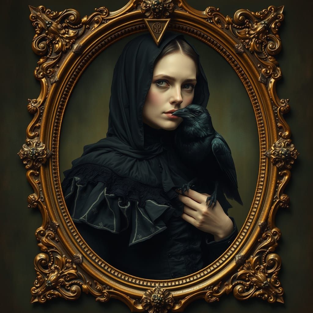 Mystical Widow with Raven in Pre-Raphaelite Style