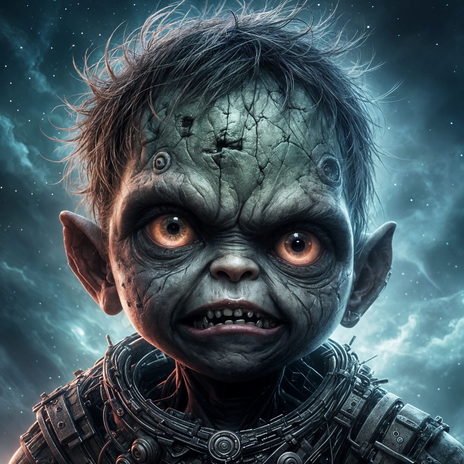 Realistic Baby Frankenstein Portrait with Galaxy Eyes