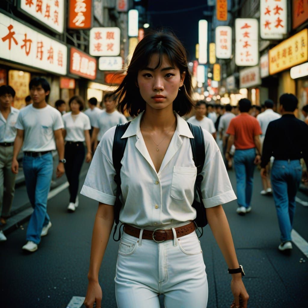 Tokyo Street Portrait of Japanese Woman in Neon Glow