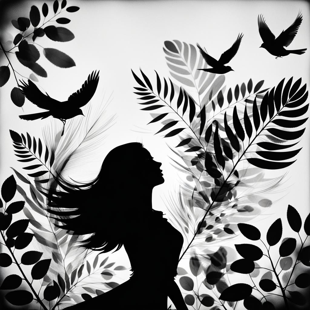 Rayograph of Bird, Leaves, and Girl Silhouette