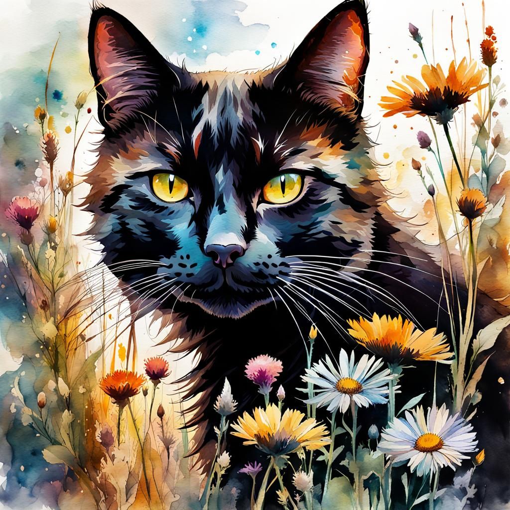 Watercolor Cat Portrait with Wildflower Landscape