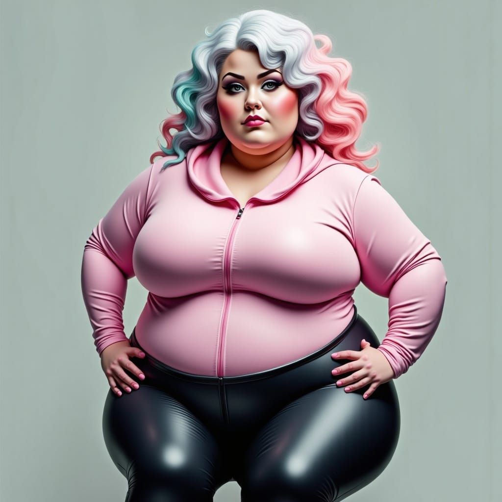 Curvy Woman with Silver Hair in Pop-Surrealist Portrait